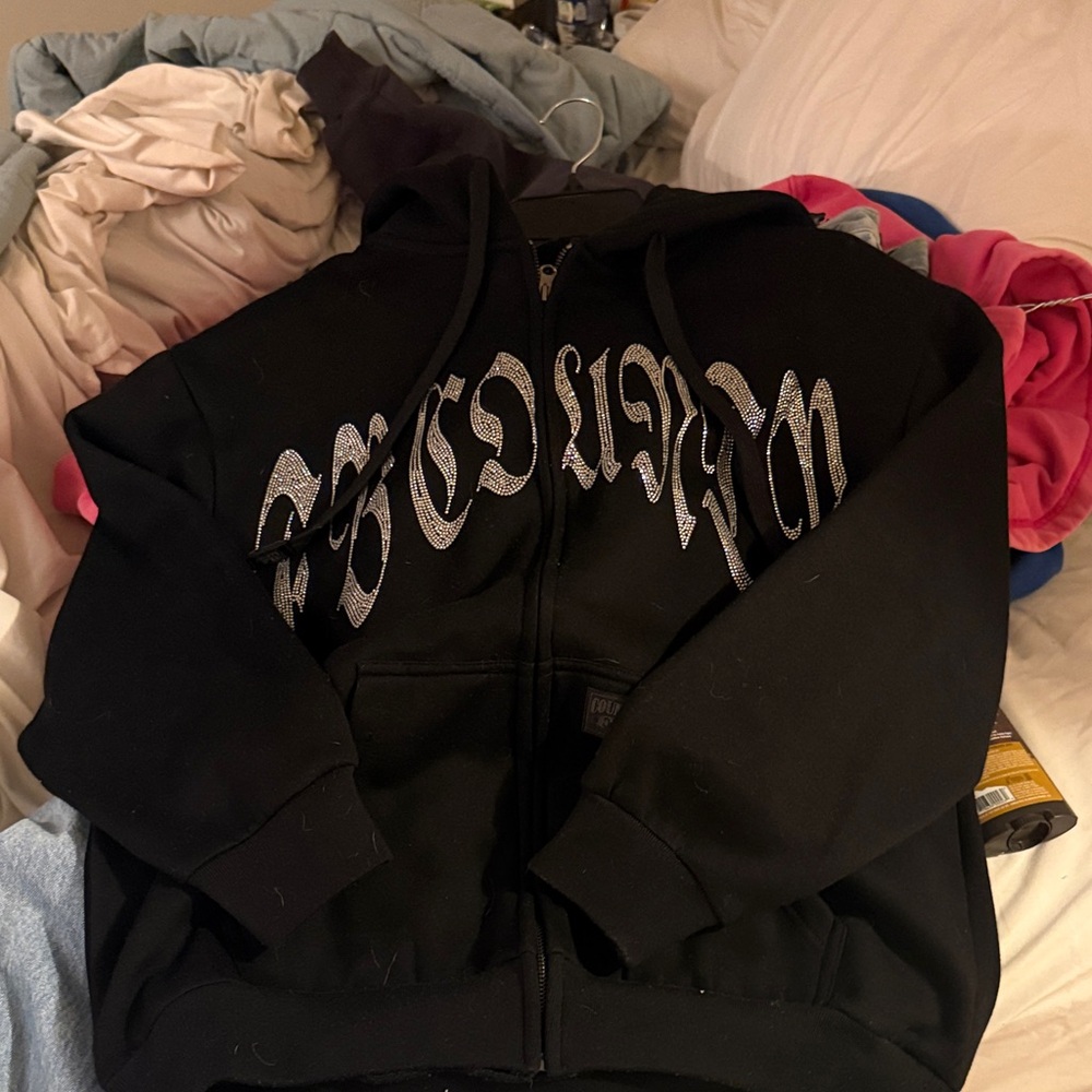 FB County black zip up rhinestone hoodie. Size S.